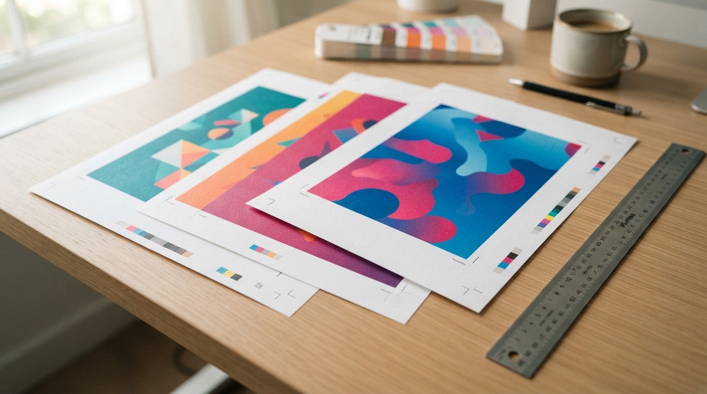 Printed sheets with trim marks fanned out on a design desk