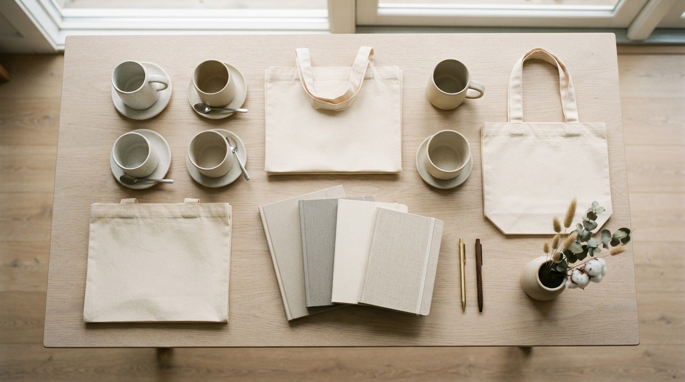 Assorted blank tote bags, mugs and notebooks laid out on a table