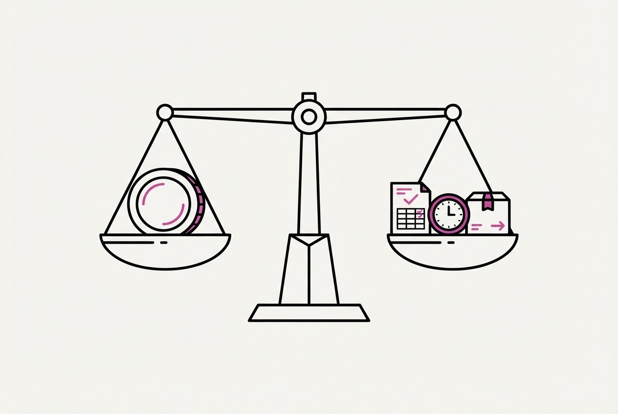 Balance scale weighing price against proof, turnaround and shipping